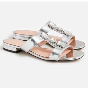 J Crew silver flat sandals with jewel feature